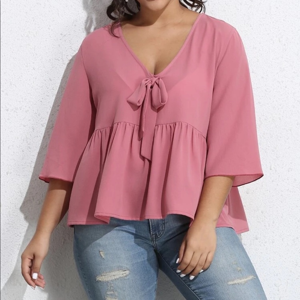 SHEIN Curve Tie Front Babydoll Blouse